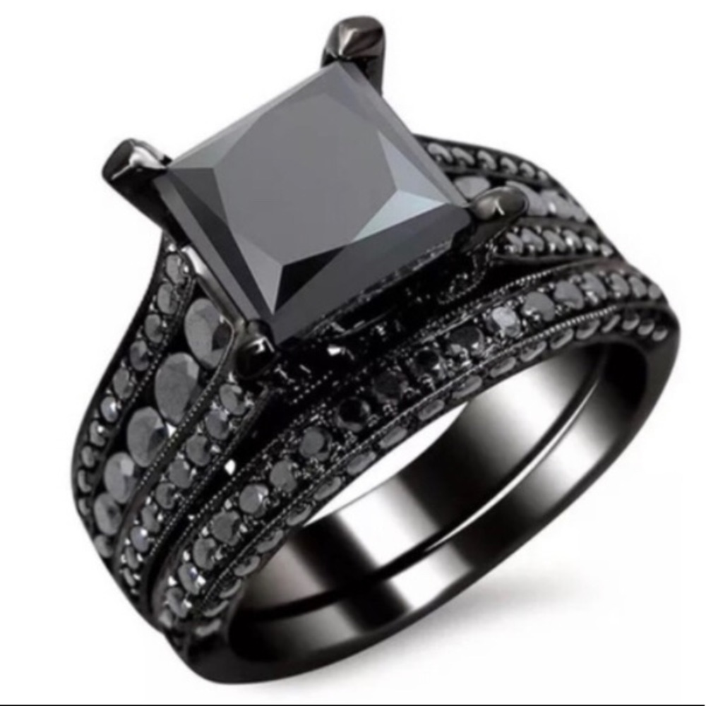 Black Gray Engagement Ring Wedding Band Bridal Set - Picture 2 of 2